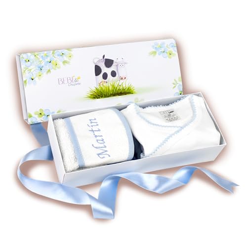Regalo Bebe Recien Nacido Niño PERSONALIZADO-Regalo Bebe Recien Nacido Niña-Primera Puesta Bebe Recien Nacido-Cesta Regalo Bebe-Regalos para Bebes Recien Nacidos-Cosas para Bebes Recien Nacidos (Azul)