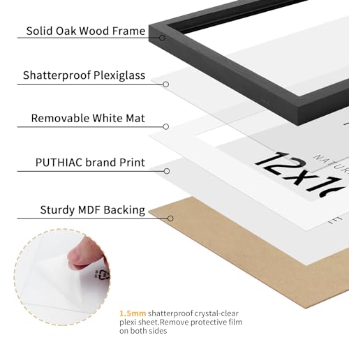 puthiac 12x16 Black Oak Wood Picture Frame - Minimalist 12x16 Poster Frame, 12"x16" Picture Frame Wood, Natural Solid Wooden Picture Frames for Wall Art Photo and Prints (3 Pack, Black)