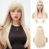 Blonde Wig with Bangs for Women Long Straight Blonde Wig for Grils Heat Resistant Synthetic Natural Hair Wigs Wig for Colorful Cosplay Wig for Party Halloween Daily Use 24inch