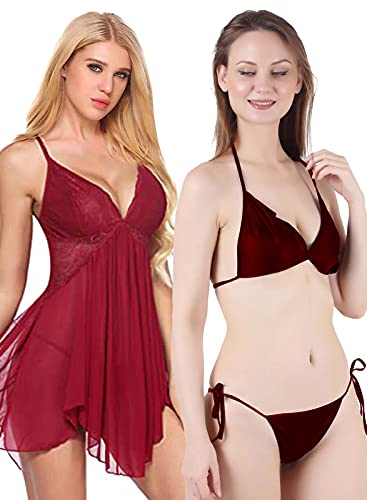Image of Love Maker Lace Net Stylish Women Nightwear with Cotton Bra Panty Set for Women, Non Padded Bra Panty Set for Women & Night Wear Honeymoon Nighty for Women.
