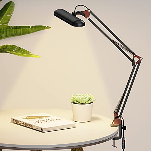 LED Desk Lamp, Swing Arm Desk Light with Clamp, Cooling Holes Design, 3 Lighting 10 Brightness Eye-Caring Modes, Reading Desk Lamps for Home Office 360° Spin (Rose Gold)-14W