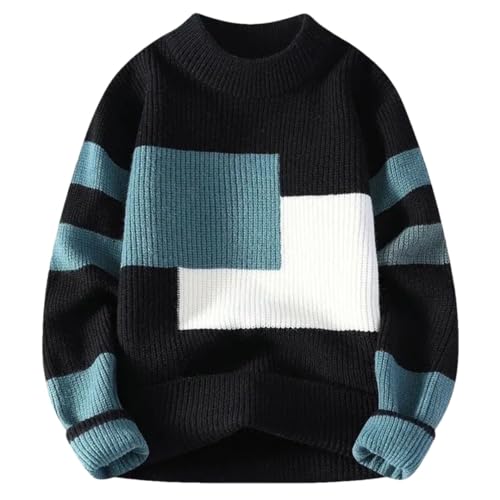 Men's Crew Neck Patchwork Contrast Color Knitted Pullover Sweater Full Sleeve Casual Trend Youth Thick Sweater