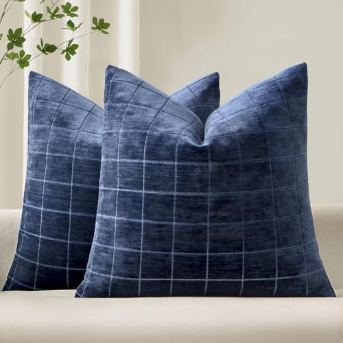 Image of MIULEE Navy Blue Plaid Decorative Throw Pillow Covers 20x20 Set of 2 | Vintage Check Chenille Couch Pillows Neutral Boho Farmhouse Cushion Covers Modern Home Decor for Sofa Bed Living Room