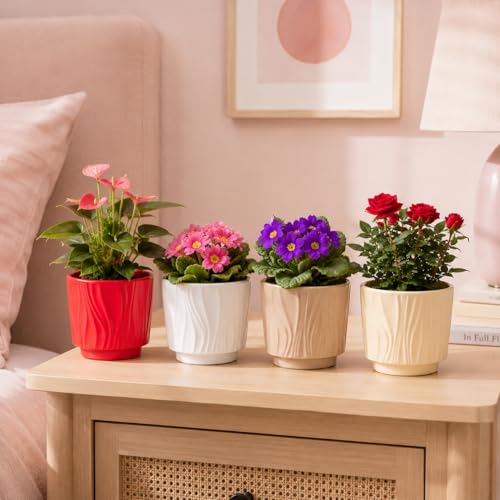 Image of Xtore Charming Textured Ceramic Planter Pots Set of 4 for Indoor Plants | Modern Ribbed Flower Pots for Home, Office Desk, Balcony & Shelf Decor (Multicolor, Planters Only)