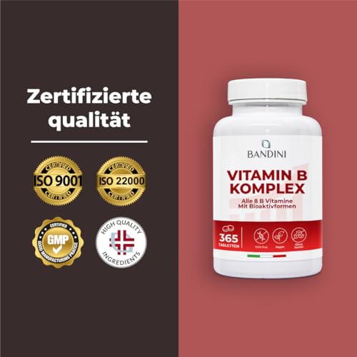 Bandini® Vitamin B Komplex Hochdosiert, 365 Tabletten für 12 Monate, B-Komplex mit alle 8 B-Vitamine B1, B2, B3, B5, B6, B7, B9, B12, Nervensystem, Stoffwechsel, Psychische Funktion, GVO-frei, Vegan