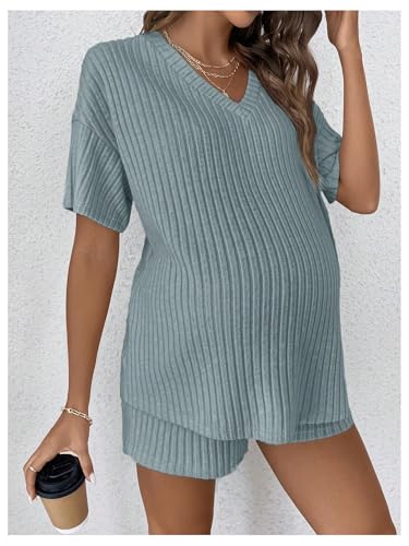 Image of MakeMeChic Women's Maternity Sets Summer Rib Knit Top and Short | 2 Piece Mama Clothes,Lounge,Short Sleeve Tee Shirt,Pregnancy Pajamas,Bump Friendly Outfits