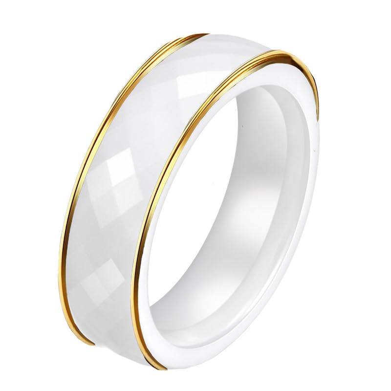 Ouruiba Bague en Céramique à Facettes Blanche Dorée Lisse Promesse Fiançailles Mariage Alliance Homme Femme Bijoux Couple Taille 54