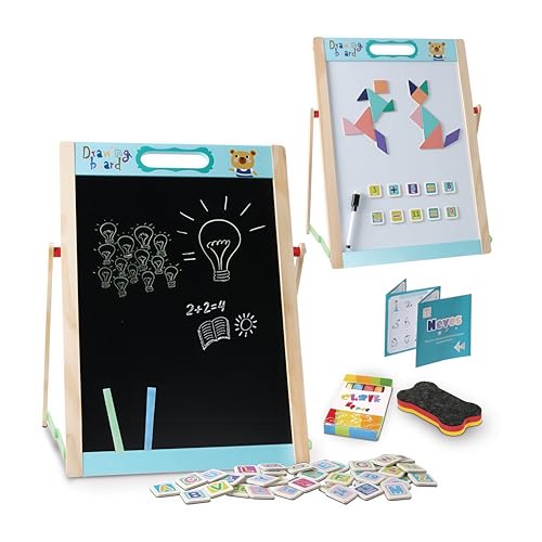 Embosomitr Easel Kids Tabletop Chalkboard & Whiteboard Children Stand Dry Erase Board Double Sided Desktop Drawing Board Portable Art Easel with Magnets Letters and Numbers Gift for Boys Girls
