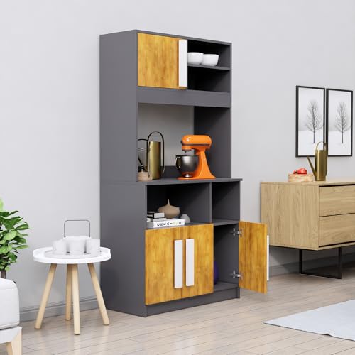 Image of Bniture Multipurpose Kitchen Cabinet | Engineered Wood Crockery Cabinet Modern with 4 Doors & Shelves | Crockery Unit for Dining Area | Kitchen Crockery Cabinet for Home | Slate Grey & Giant Wood