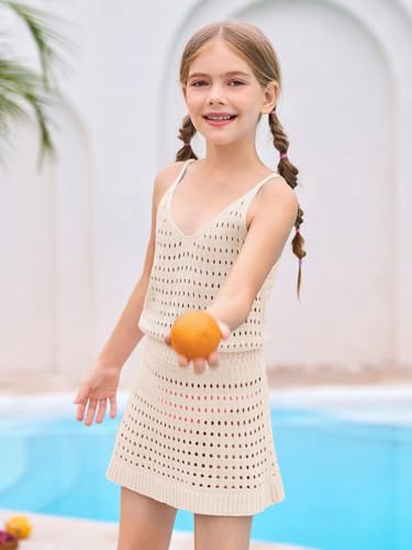 Image of Haloumoning Girls Sleeveless Crochet Swimsuit Cover Up Kids Summer Hollow Out Knitted Beach Dress 7-14 Years
