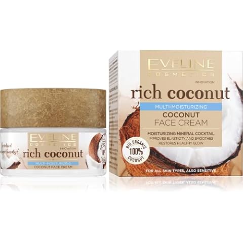 EVELINE COSMETICS Reichhaltige Kokosnuss-Multi-Feuchtigkeits-Gesichtscreme Nährende antioxidative Eigenschaften Reduziert Falten Bio-basierte vegane Formel 97 % natürlich Tag & Nacht 50 ml Cover