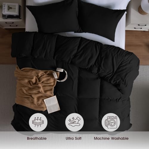 Image of Soft Washed Black Duvet Cover Set Queen Size, 2 Pillow Shams, No Comforter | Prewashed Microfiber, 4 Corner Ties, Button Closure, Ultra Soft, Cotton-Like, All Seasons, Queen Duvet Cover 90x90 in