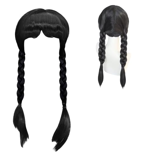 May Huang Parrucca Mercoledi Addams Bambina, Adams Parrucca Intrecciate Nere, Wig Lunga con Frangia, Parrucca Nera Trecce per Cosplay Party Halloween Carnevale