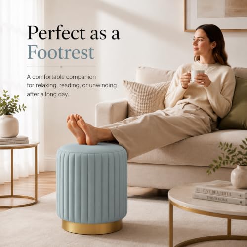 Image of Designer Velvet Round Footstool Ottoman with Sturdy Gold Metal Band Base for Home Decor & Extra Seating, Lightweight Pouf Stool for Sofa Side & Bedroom, 16x16x17 Inch (Aqua)