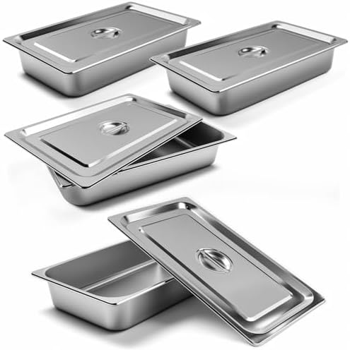 4 Pack Stainless Steel Hotel Pans 1/1 Full Size x 4" Deep Steam Table Pan 0.8 mm Thick with Lid Anti Jam Pan Stainless Steel Steamer Pan for Hotel Restaurant Buffet