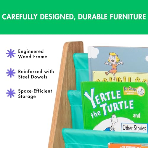 Image of Humble Crew Kids Bookshelf, 4-Tier Front-Facing Book Display Organizer, Montessori Toddler Bookcase for Playroom, Bedroom & Reading Corner, Natural Wood /Seafoam Green