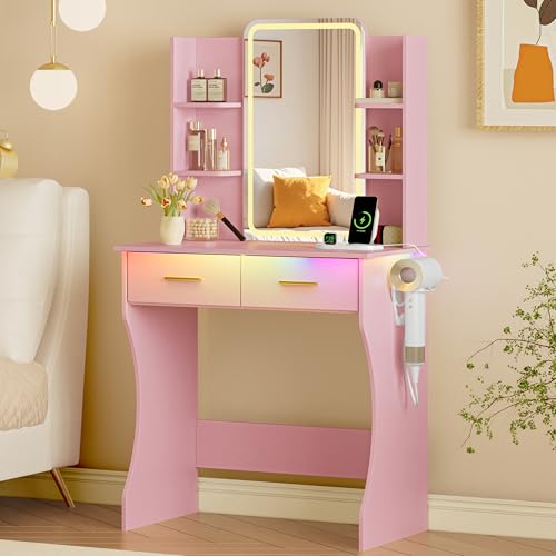 Image of Xixini Vanity Desk with LED Lights Mirror & Power Outlet, Small Makeup Vanity Table Set with Storage Drawers, 3 Lighting Modes & Adjustable Brightness, Dressing Table for Women Girls Bedroom, Pink