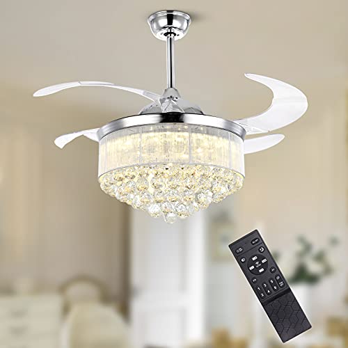 Moooni Modern 42" Dimmable LED Fandelier Crystal Ceiling Fan with Retractable Blades Invisible Chandelier Fan Light Kit Indoor Fandelier-Polished Chrome
