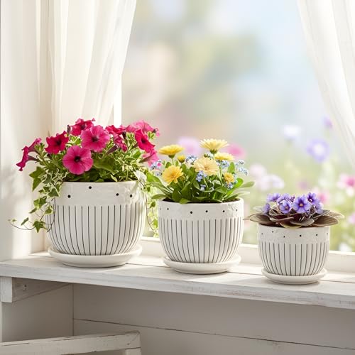 Image of Xtore Graceful Embossed Ceramic Planter Set of 3 with Drain Trays | Floral Textured Indoor Pots for Living Room, Balcony & Shelf Decor (Pack of 3, Planter only)