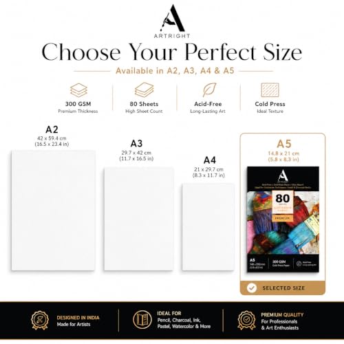Image of ArtRight Artists' Sketching Paper (A5 Pack of 80 Sheets, 300 GSM); Handmade Cartridge Mixed Media Sheets of 300GSM for Pencil, Charcoal and Ink Media