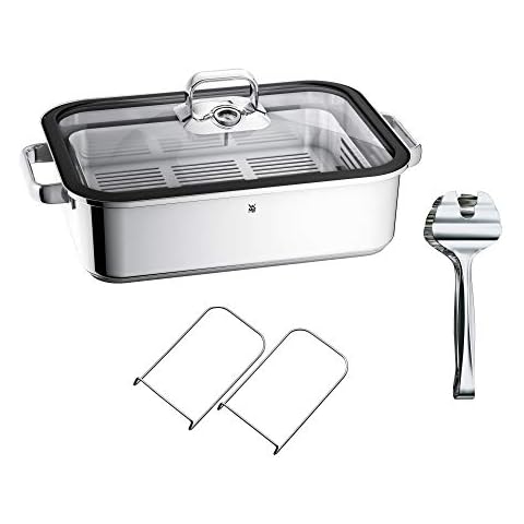 WMF Vitalis Aroma Dampfgarer, Bräter Induktion, 41x27x10cm, Auflaufform 6,5l, Servierzange, Glasdeckel Silikonrand, Thermometer, Garblech, Cromargan Edelstahl unbeschichtet Cover