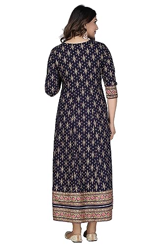 Image of Women's Rayon Embroidered Anarkali Kurti | Elegant Blue & Pink Long Kurti for Women | Premium Ethnic Wear for Diwali & Wedding | Stylish Comfortable Festive Outfit in Floral Design