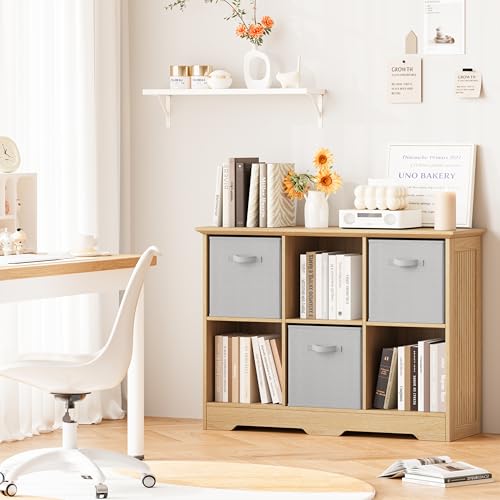 Image of 6 Cube Storage Organizer Shelf, Wood Cubby Storage with 3 Fabric Drawers, 2 Tier Wooden Bookshelf with 2 Adjustable Shelves & Fluted Side Panels for Bedroom, Living Room, Home Office, Wood