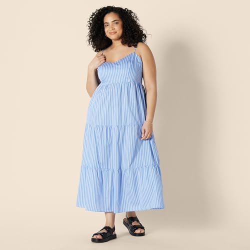 Image of Amazon Essentials Women's Fit and Flare Empire Waist Sweetheart Neck Cotton Sateen Tiered Maxi Dress