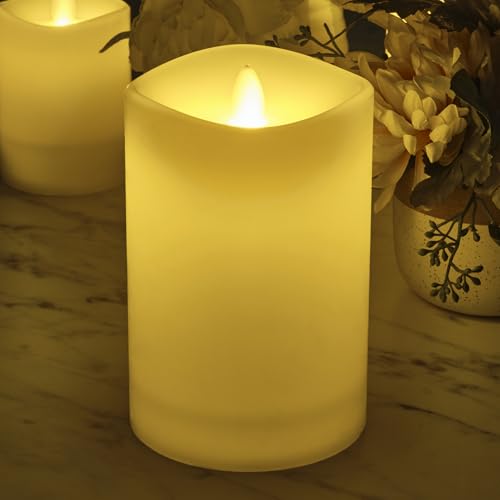 Image of Mikasa LED Wax Pillar Candle, 4x6 Inch White Wavy Flameless Candle with Dancing Flame Effect and 5-Hour Timer - Battery Operated Real Wax Candle for Home Decor