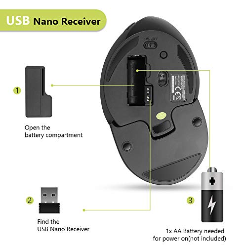 Delux Ergonomic Mouse Wireless, Vertical Silent Mouse With 2.4G Usb Receiver, 3 Adjustable Dpi (800/1200/1600), 6 Buttons, Removable Wrist Rest For Laptop Pc Computer (M618Plus Wireless-Black) #TOP3