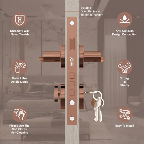 Image of GLOXY Mortise Locks for Main Door, Mortise Door Lock, Door Set with 3 Brass Keys, Bedroom Door Lock, Handle Lock for Homes, Balcony| Rose Gold Finish (2 Years Warranty, Pack of 1)