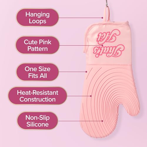 Paris Hilton Oven Mitt Set with Iconic That’s HOT Design, Heat Resistant Pot Holders Featuring Non-Slip Textured Silicone Grips, 2-Piece Set, Pink