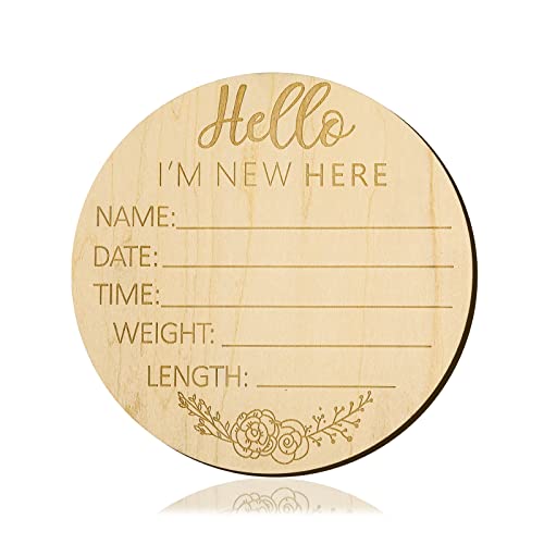 Image of Baby Announcement Sign, 5.9 inch Hello World Newborn Sign Round Wooden Milestone Baby Nursery Name Signs for Hospital and Pregnancy Announcements