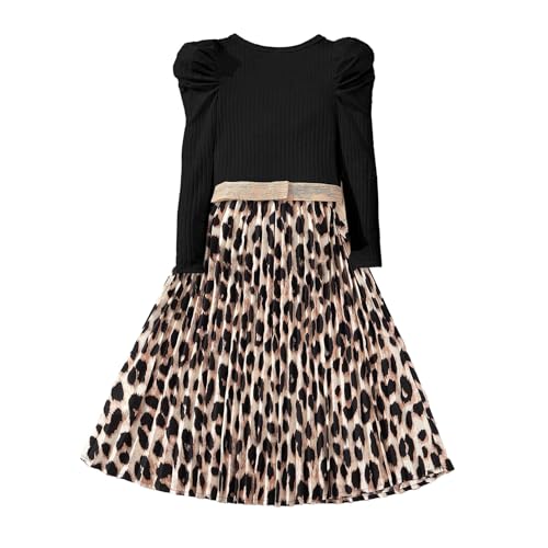 Girls Autumn Dress Ribbed Puff Sleeves Pleated A-line Dress Leopard Print Dress 7-13 Years2