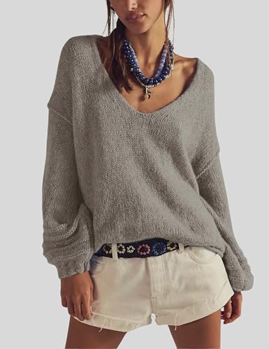 Womens Bohemian Slouchy Style Sweater Off Shoulder Knit Pullover with bubbled Sleeves2