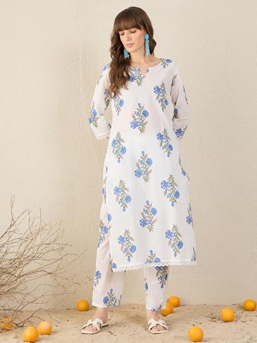 Image of INDO ERA Women's Pure Cotton Floral Printed Straight Kurta & Pant Set (IEAI12023)