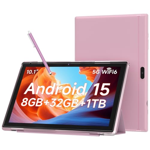 Image of WUIUHOU 10.1 Inch Android 15 Tablet, 8GB RAM 32GB Storage, HD IPS Display, 5G WiFi 6,6000mAh Battery, Dual Camera for Video Call, Tab with Case & Stylus Pen for Work /Study Tablet with case (Pink)