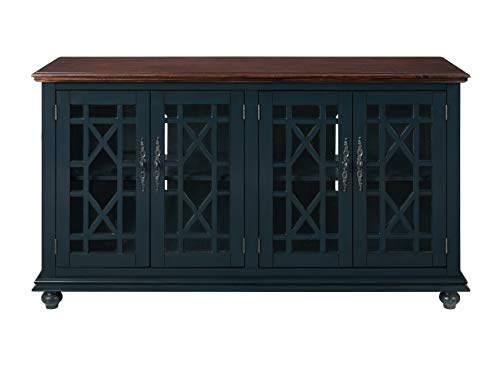 Image of Elegant Wood TV Stand for 50 inch, 55 inch, 60 inch, 65 inch TVs, Entertainment Center with Doors, Adjustable Shelves, Storage, Media Console, Sideboard, Hallway Accent Chest Dark Blue and Brown 63 inch W x 18 inch D x 35 inch H