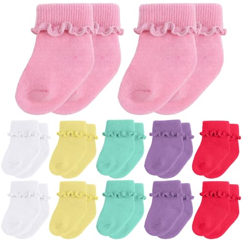 Image of Toulite 12 Pairs Preemie Newborn Baby Ankle Socks Ruffle Turn Cuff Cotton Non-slip Warm Socks for Girls and Boys Infant