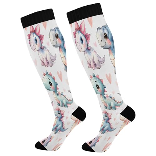 Nesatuwa 2 Pairs Cute Dinosaurs in Flowers Compression Socks for Women Men Knee High Stocking for Running,Athletic,Medical