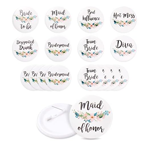 16 Pack - Bridal Party Pins - Wedding Party Buttons - Bridesmaid Gifts, Favors & Gifts, Team Bride, Maid of Honor Party Supplies, White, 8 Unique Designs