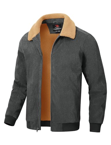 Image of Rdruko Men's Corduroy Sherpa Fleece Lined Jacket Turn-Down Collar Warm Winter Jacket, Dark Grey, XL