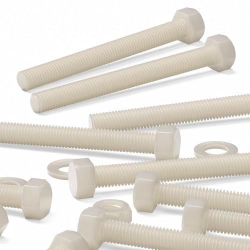 Image of 10 x Natural Colour Nylon, Hex Head, M10 x 100 mm, Plastic Nuts and Bolts, Washers, Hexagon, Nylon, (25 /64 x 3 15 /16 in)