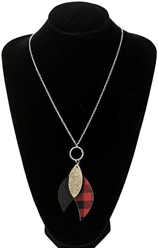 Miniatura 4 de CSIYANJRY99 Juego de 4 piezas de aretes de cuero a cuadros de búfalo, collar y pulsera, juego de joyas de Navidad a cuadros rojos y negros para mujer