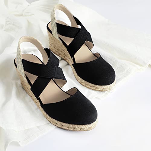 mysoft Women's Closed Toe Crisscross Elastic Ankle Strap Platform Espadrille Wedge Sandals3