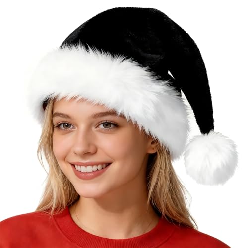 Seiddons Black Christmas Santa Hat Adults Deluxe Black and White Xmas Hat Christmas Plush Santa Hats