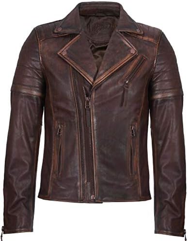Men's Brown Slim Fit Brando Style Double Cross Zip 100% Leather B...