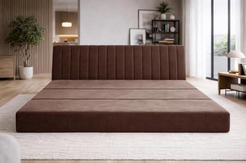 Image of Deco Studio 3 Seater Floor Sofa Bed with Adjustable Backrest, Modern Velvet Fabric Folding Couch for Living Room, Guest Room & Small Spaces - Brown Color