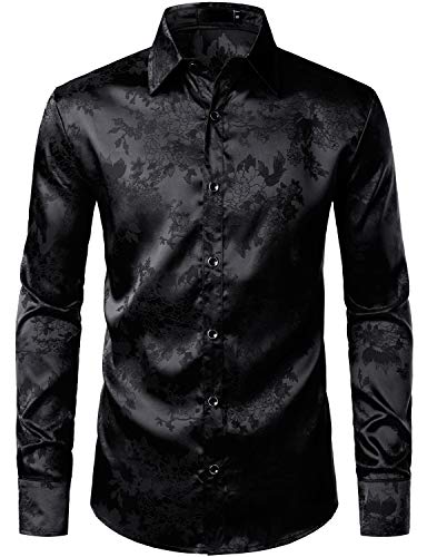 ZEROYAA Men's Shiny Satin Rose Floral Jacquard Long Sleeve Button Up Dress Shirts for Party Prom