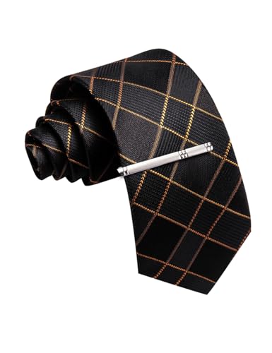 Image of Barry.Wang Plaid Ties Mens Silk Necktie and Tie Clip Checkered Tie for Wedding Party Business Formal